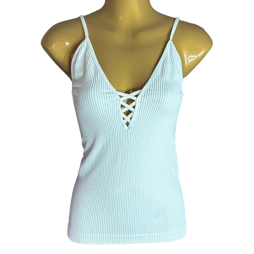 Free People Intimately White Criss Cross Ribbed Cami Tank Top M/L‎ Nylon Spandex